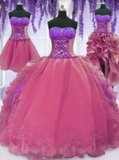 Suitable Four Piece Embroidery and Ruffles Quinceanera Dresses Pink Lace Up Sleeveless Floor Length