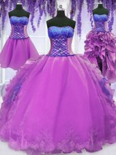 Fantastic Four Piece Sleeveless Embroidery and Ruffles Lace Up Sweet 16 Quinceanera Dress