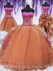 Trendy Four Piece Strapless Sleeveless Organza Quinceanera Dresses Embroidery and Ruffles Lace Up