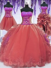 Fine Four Piece Watermelon Red Lace Up Sweet 16 Quinceanera Dress Embroidery and Ruffles Sleeveless Floor Length