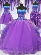 Four Piece Lavender Strapless Neckline Embroidery and Ruffles Quinceanera Dress Sleeveless Lace Up
