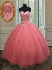 Fashion Watermelon Red Sleeveless Organza Lace Up Vestidos de Quinceanera for Military Ball and Sweet 16 and Quinceanera