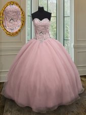 Baby Pink Sleeveless Organza Lace Up Quinceanera Gown for Military Ball and Sweet 16 and Quinceanera