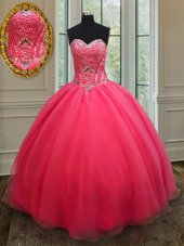 Floor Length Coral Red Quinceanera Gowns Organza Sleeveless Beading