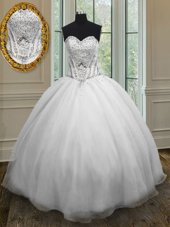 Exceptional Organza Sweetheart Sleeveless Lace Up Beading Quinceanera Gowns in White
