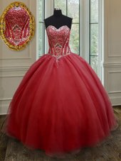Great Red Lace Up Sweetheart Beading Sweet 16 Quinceanera Dress Organza Sleeveless
