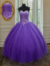 Great Sweetheart Sleeveless Lace Up Sweet 16 Quinceanera Dress Eggplant Purple Organza