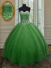 Custom Made Floor Length Lace Up Quinceanera Dress Dark Green and In for Military Ball and Sweet 16 and Quinceanera with Beading and Ruching