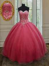Elegant Pink Ball Gowns Beading and Ruching 15th Birthday Dress Lace Up Organza Sleeveless Floor Length