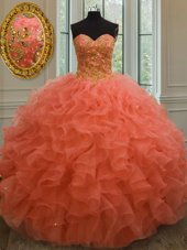 Chic Sweetheart Sleeveless Quinceanera Dresses Floor Length Beading and Ruffles Orange Organza