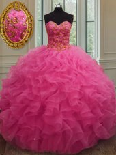 Hot Pink Lace Up Sweet 16 Dresses Beading and Ruffles Sleeveless Floor Length