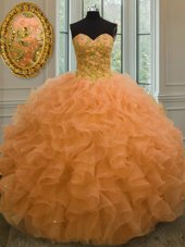 Orange Lace Up 15 Quinceanera Dress Beading and Ruffles Sleeveless Floor Length