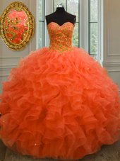 Edgy Orange Red Quinceanera Dress Military Ball and Sweet 16 and Quinceanera and For with Beading and Ruffles Sweetheart Sleeveless Lace Up