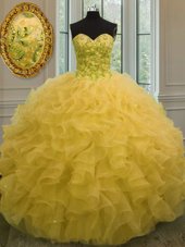 Gold Organza Lace Up Sweetheart Sleeveless Floor Length Quinceanera Gowns Beading and Ruffles