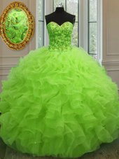 Custom Designed Organza Sweetheart Sleeveless Lace Up Beading and Ruffles Sweet 16 Dresses in Yellow Green
