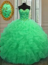 Perfect Beading and Ruffles Sweet 16 Quinceanera Dress Green Lace Up Sleeveless Floor Length