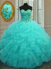 Luxury Aqua Blue Ball Gowns Organza Sweetheart Sleeveless Beading and Ruffles Floor Length Lace Up Quinceanera Dress