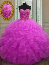 Modest Fuchsia Organza Lace Up Sweetheart Sleeveless Floor Length Quinceanera Dress Beading and Ruffles