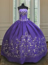 Excellent Purple Ball Gowns Embroidery Sweet 16 Quinceanera Dress Lace Up Satin Sleeveless Floor Length