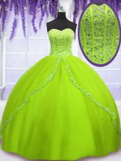 Glittering Yellow Green Sleeveless Tulle Lace Up Sweet 16 Dress for Military Ball and Sweet 16 and Quinceanera