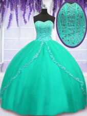 Gorgeous Turquoise Sleeveless Floor Length Beading and Sequins Lace Up 15 Quinceanera Dress