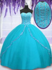 Top Selling Backless Sweetheart Sleeveless 15 Quinceanera Dress Floor Length Beading and Sequins Aqua Blue Tulle