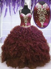 Latest Burgundy Quinceanera Gown Military Ball and Sweet 16 and Quinceanera and For with Beading and Ruffles Straps Sleeveless Zipper