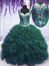 Romantic Dark Green Tulle Zipper Straps Sleeveless Floor Length Ball Gown Prom Dress Beading and Ruffles