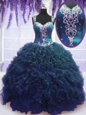 Custom Fit Straps Straps Floor Length Zipper 15th Birthday Dress Navy Blue and In for Military Ball and Sweet 16 and Quinceanera with Beading and Ruffles