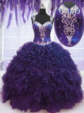 Blue Quinceanera Gowns Sweet 16 and Quinceanera and Beach and For with Beading and Ruffles Straps Sleeveless Zipper