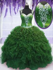 Glittering Straps Straps Floor Length Green Quinceanera Dresses Tulle Sleeveless Beading and Ruffles