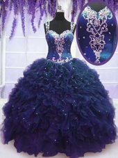 Flare Straps Straps Floor Length Ball Gowns Sleeveless Navy Blue Ball Gown Prom Dress Zipper
