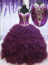 Exquisite Straps Straps Purple Tulle Zipper Vestidos de Quinceanera Sleeveless Floor Length Beading and Ruffles
