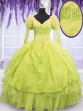 Discount Yellow Green Organza Lace Up V-neck Sleeveless Floor Length Quinceanera Gowns Beading and Embroidery and Ruffles