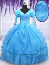 Glittering Baby Blue Ball Gowns Organza V-neck Long Sleeves Beading and Embroidery and Hand Made Flower Floor Length Lace Up Sweet 16 Quinceanera Dress