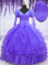 Sumptuous V-neck Long Sleeves Lace Up Sweet 16 Dress Purple Organza