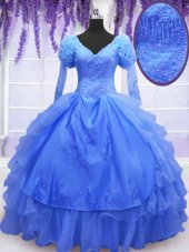 Colorful One Shoulder Long Sleeves Lace Up 15th Birthday Dress Blue Organza