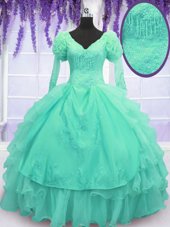 Luxurious Beading and Embroidery and Hand Made Flower Quinceanera Dress Turquoise Lace Up Long Sleeves Floor Length