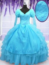 Free and Easy Baby Blue Lace Up V-neck Embroidery Vestidos de Quinceanera Organza Long Sleeves