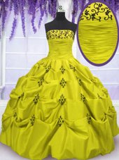 Extravagant Yellow Green Taffeta Lace Up Sweet 16 Dress Sleeveless Floor Length Embroidery and Ruffled Layers