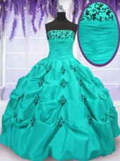 Mermaid Aqua Blue Strapless Neckline Embroidery and Pick Ups Vestidos de Quinceanera Sleeveless Lace Up