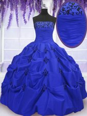 Unique Strapless Sleeveless Taffeta Quinceanera Dresses Embroidery and Pick Ups Lace Up