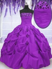 Pretty Eggplant Purple Strapless Neckline Embroidery and Pick Ups Quinceanera Dresses Sleeveless Lace Up