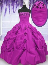 Extravagant Fuchsia Quinceanera Dress Military Ball and Sweet 16 and Quinceanera and For with Embroidery and Pick Ups Strapless Sleeveless Lace Up