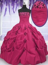 Flare Floor Length Lace Up Quinceanera Gowns Hot Pink and In for Military Ball and Sweet 16 and Quinceanera with Embroidery and Pick Ups