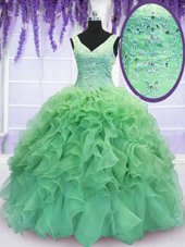 Fitting Sleeveless Floor Length Beading and Ruffles Lace Up Quinceanera Dress