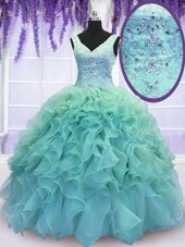 Cheap Blue Ball Gowns Organza V-neck Sleeveless Beading and Embroidery and Ruffles Floor Length Lace Up 15 Quinceanera Dress