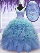 Colorful Floor Length Blue Sweet 16 Dress Organza Sleeveless Beading and Embroidery and Ruffles