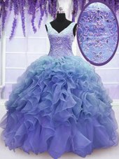 Glorious Purple Sleeveless Floor Length Beading and Embroidery and Ruffles Lace Up Quinceanera Gown