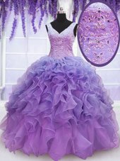 Lavender V-neck Lace Up Beading and Embroidery and Ruffles Quinceanera Gowns Sleeveless